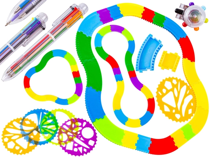 Spirograf – set de desen cu traseu modular, șabloane și pix multicolor