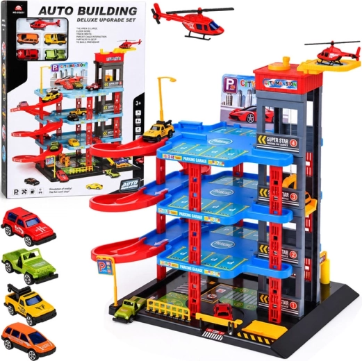 Garajă de parcare pentru copii cu patru niveluri, lift, spălătorie și elicopter