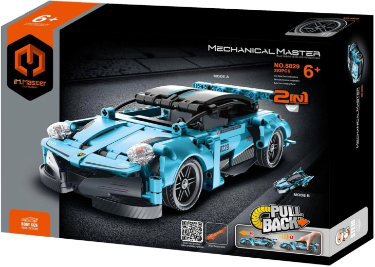 Set de construcție iM.Master 2 în 1, mașină sport cu mecanism pull-back, 293 de piese