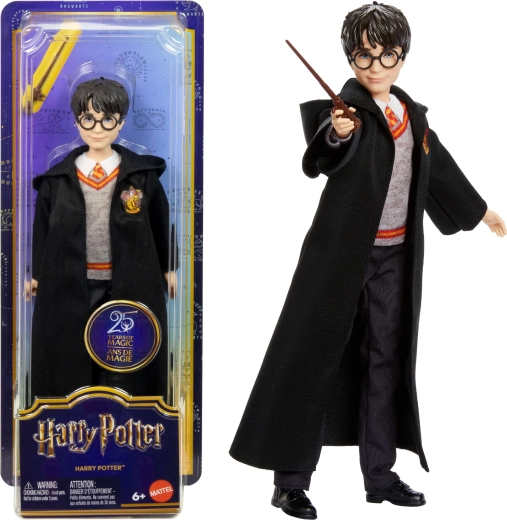 Păpușă Harry Potter în robă de la Hogwarts cu baghetă