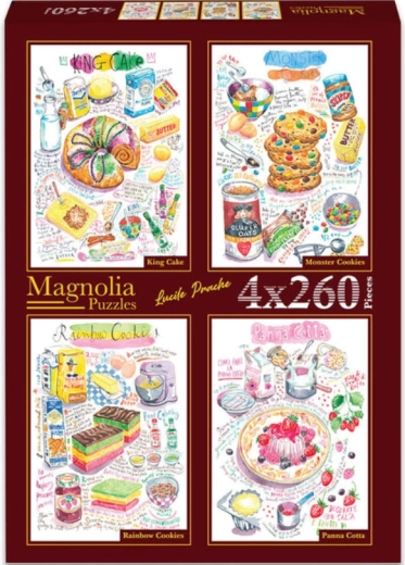 Puzzle Magnolia: chec, biscuiți cu monștri, biscuiți curcubeu și panna cotta 4×260 piese