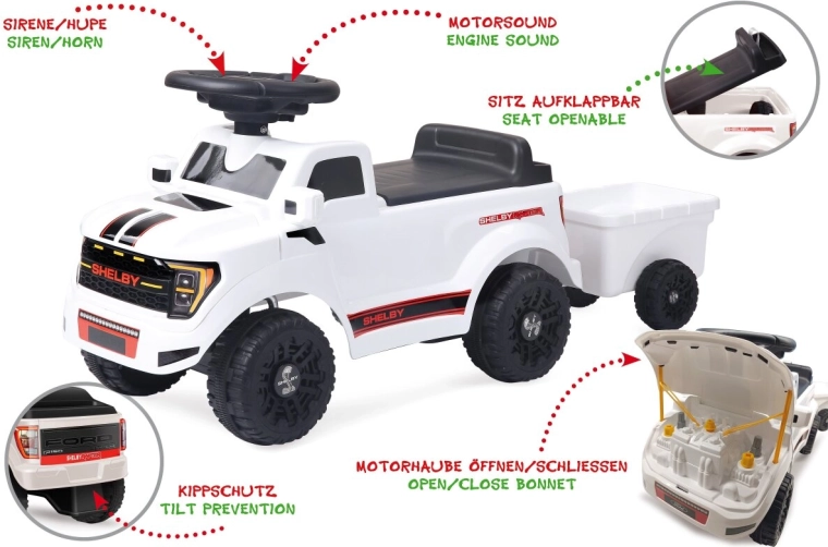 Mașinuță pentru copii JAMARA Shelby Ford F-150 Raptor cu remorcă, albă