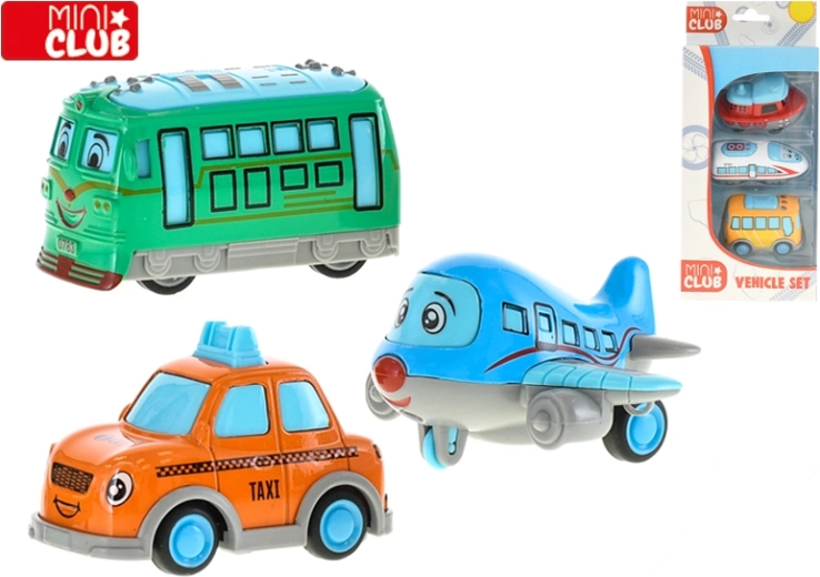 Mini Club set vehicule vesele 7 cm – mașinuțe metalice cu mecanism pull-back, 3 buc