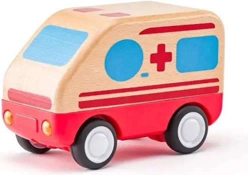 Ambulanță din lemn Woody cu mecanism inerțial, lumini și sunete