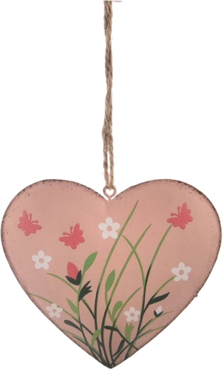 Decorațiune metalică suspendată în formă de inimă, cu motiv floral, roz