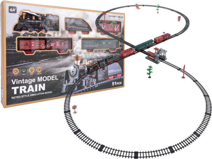 Tren retro cu fum, lumini și sunete