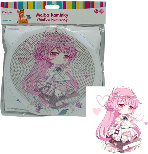 Pictură cu diamante cu ramă – păpușă roz, 20 cm