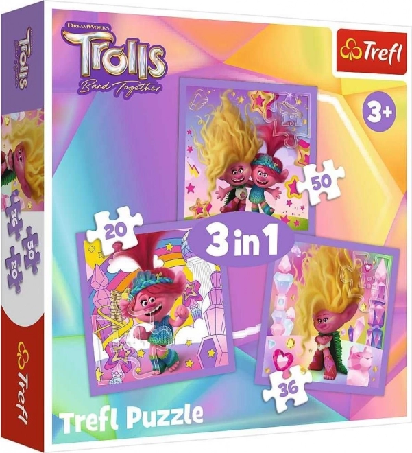 Puzzle Trefl Trolli 3‑în‑1 – Faceți cunoștință cu Trollii (20, 36 și 50 piese)