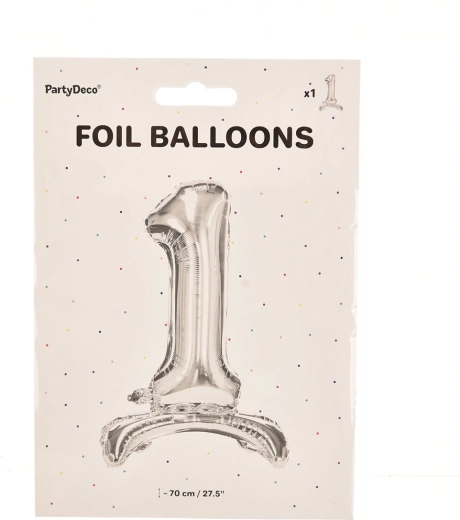 Balon din folie, stând pe podea, cifra 1, argintiu, 70 cm
