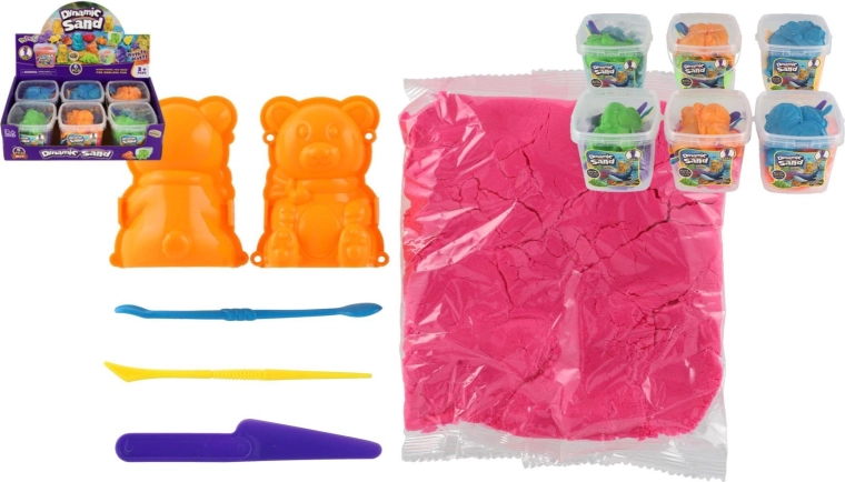 Nisip kinetic magic cu accesorii într-o cutie din plastic (6 buc. în box)