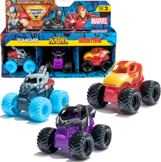 Monster Jam Mini Jams Marvel Thor, Black Panther și Iron Man - 3 bucăți