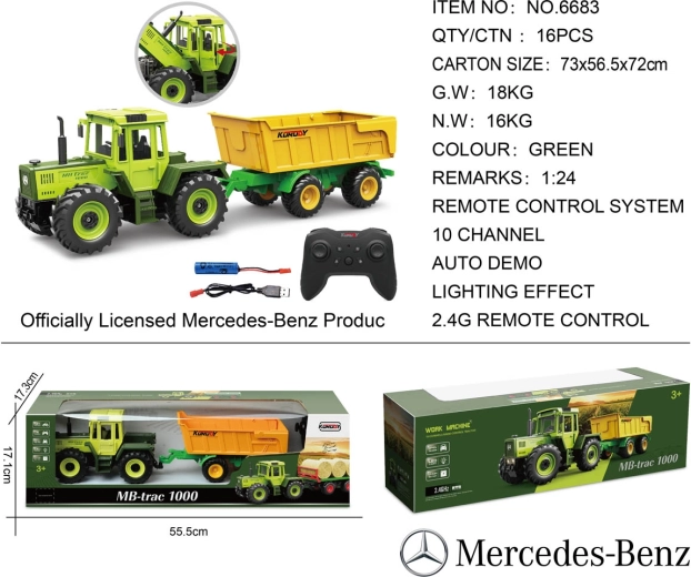 Tractor verde Mercedes-Benz cu telecomandă și remorcă galbenă 1:24