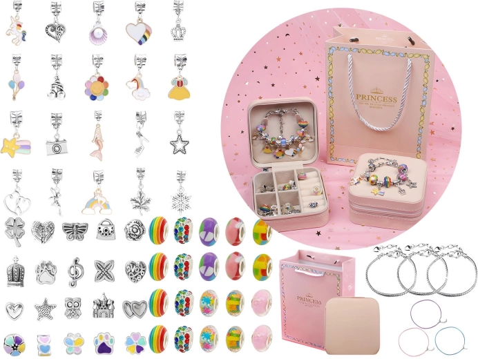 Set pentru realizarea bijuteriilor și brățărilor cu pandantive tip charms și mărgele – mix curcubeu cu cutie