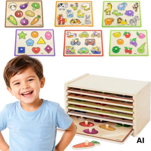 VIGA puzzle din lemn de tip încastrat cu mânere și suport (6 plăci)