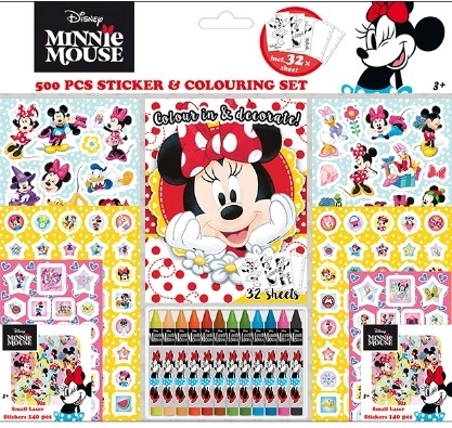 Set de autocolante cu cărți de colorat și creioane cerate Minnie – 500 buc.