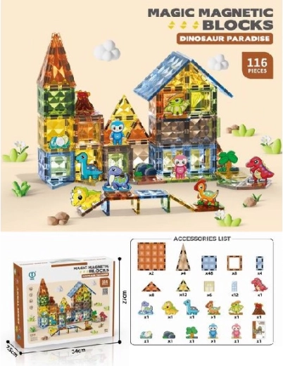 Set de construcție magnetic cu dinozauri, 116 piese