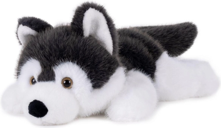 Câine husky de pluș, culcat, 30 cm