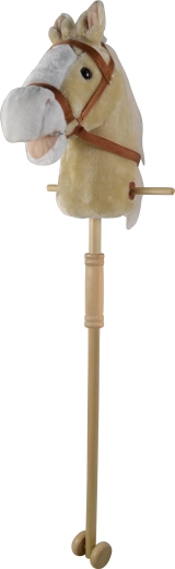 Căluț bej pe băț cu sunete și roți, tijă de lemn detașabilă (95 cm)