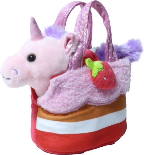 Unicorn roz din pluș în geantă în formă de căpșună