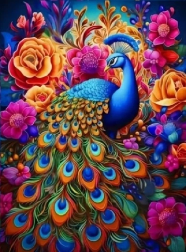 Pictură cu diamante: păun cu flori colorate 30 × 40 cm