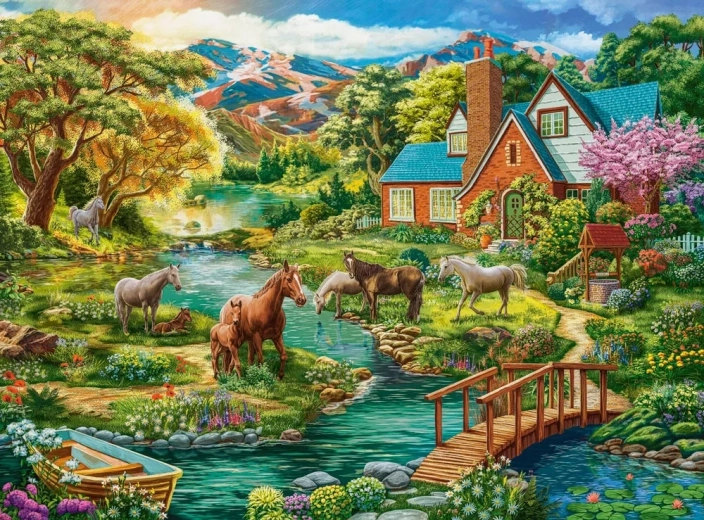 puzzle 2000 piese – căsuță rustică cu cai