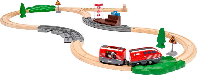 Set feroviar cu tren cu arc BRIO World, ansamblu din lemn cu 28 de piese