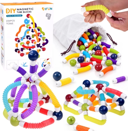Set de construcție magnetic cu tuburi flexibile, 226 de piese