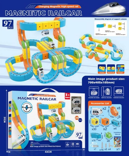 Pistă magnetică colorată cu tren antigravitațional – 97 de piese