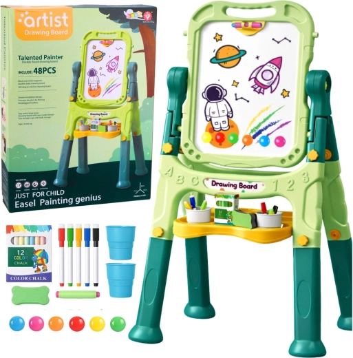 Tablă dublă pentru copii, magnetică și pentru cretă, pe stativ, 48 piese