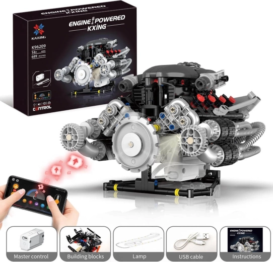 Set de construcție motor cu USB și iluminare LED, 689 piese