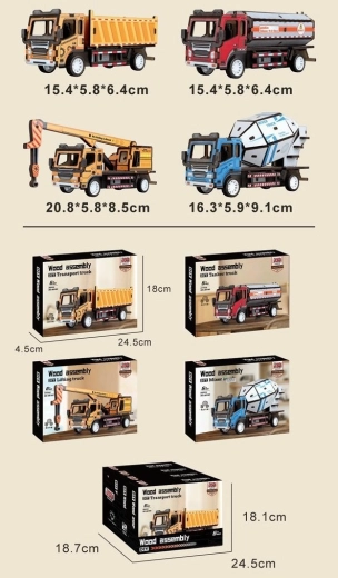 Set de construcție din lemn – vehicul de șantier cu mecanism cu tragere înapoi - 1 bucată