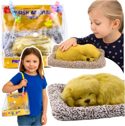 căţeluş labrador adormit pe perniţă cu blăniţă pufoasă în gentuţă de transport