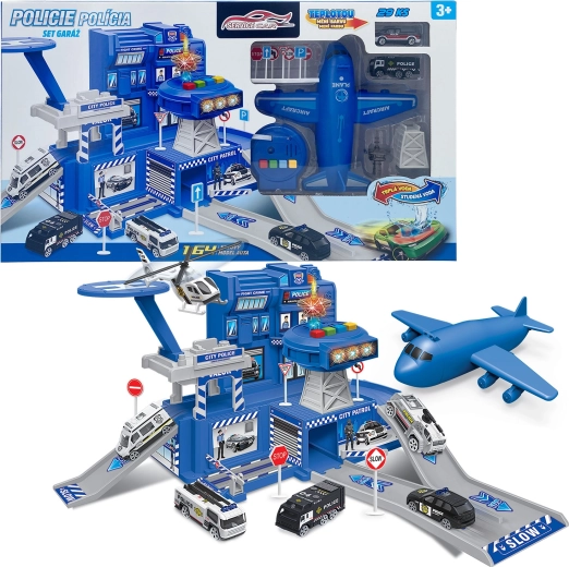 Garaj de poliție cu set și mașină care își schimbă culoarea
