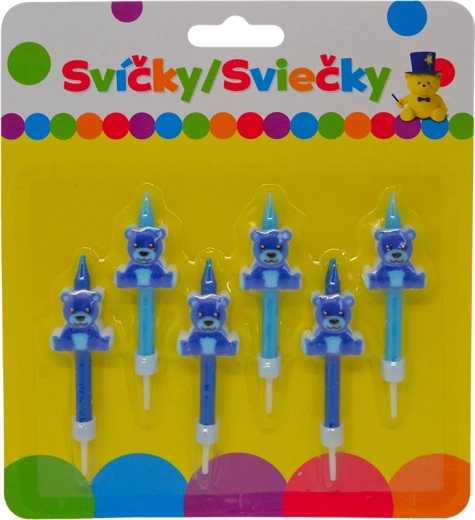 Lumânări de aniversare cu ursuleț albastru și suport, 6 buc.
