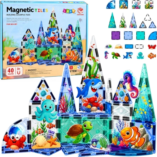 Cuburi de construcție magnetice cu animale marine Ocean 40 buc