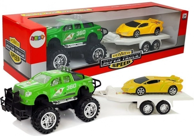 Set de vehicule - mașină sport galbenă, mașină de teren verde cu tracțiune prin frecare