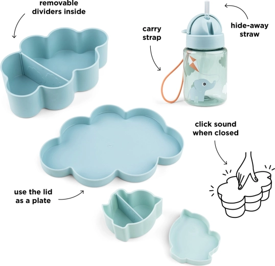 Done by Deer set pentru gustare cu sticlă cu pai Playground albastru