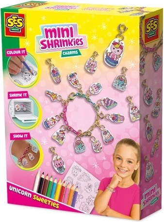 SES Creative Mini Shrinkies – dulciuri cu unicorni, set creativ pentru pandantive și brățară