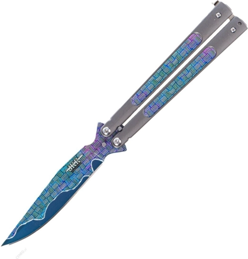 Cuțit fluture pliabil JOKER Butterfly, 10,8 cm, integral metalic, decor curcubeu
