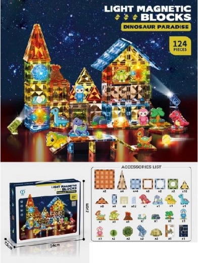 Set de construcție magnetic Dino cu elemente luminoase, 124 de piese