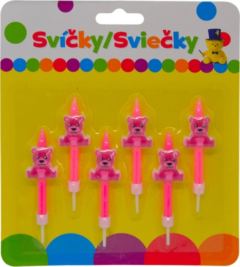 Lumânări de aniversare cu ursuleț roz pe suport, 6 buc.