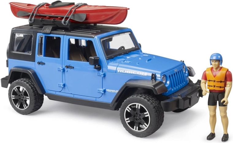 Bruder Jeep Wrangler Rubicon cu caiac și figurină la scara 1:16