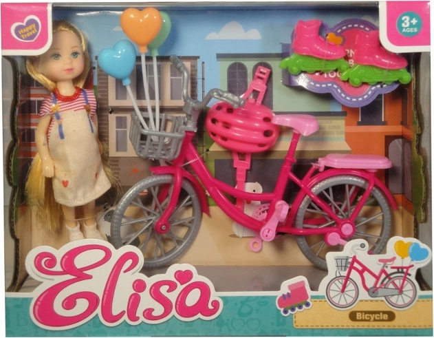Mini păpușă cu bicicletă, role și cască