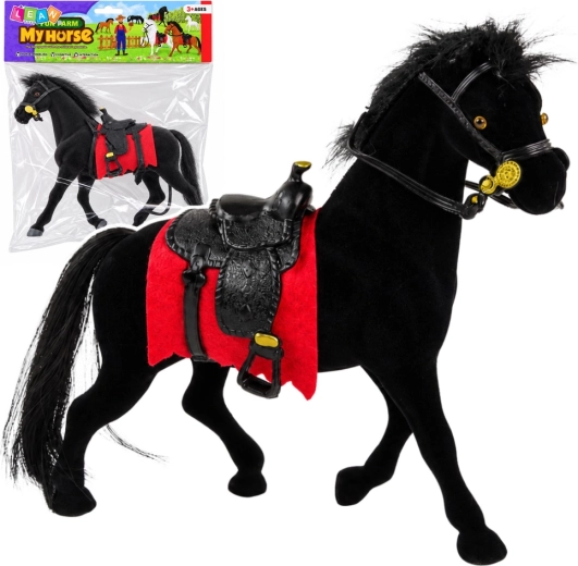 Figurină catifelată de cal negru cu șa și șabrac roșu