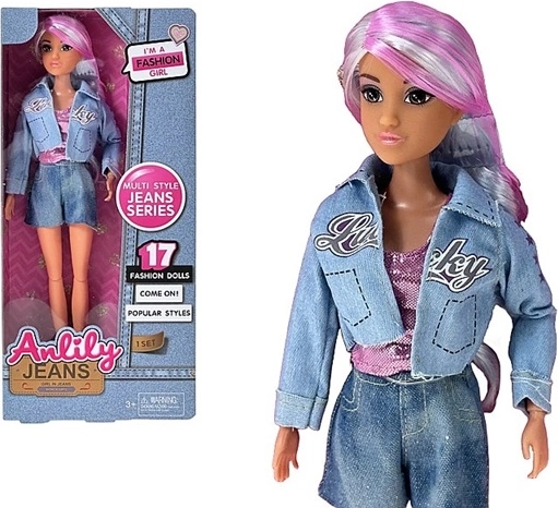 Păpușa stilată Anlily cu păr colorat și ținută din denim