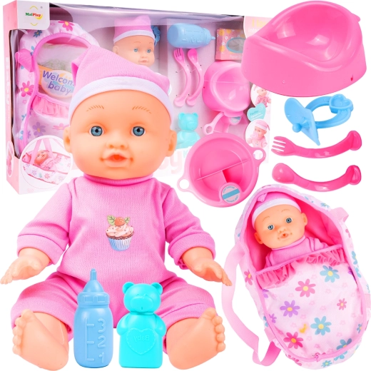 Păpușă cu accesorii și port-bebe