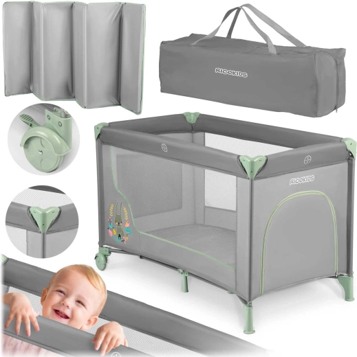 Pătuț de voiaj pentru copii Kikkids gri-mentă 125 × 65 × 78 cm cu saltea și geantă