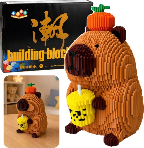 Microcuburi de construcție capibara cu shake (măr) – figurină 3D 25 cm, 3900 de piese