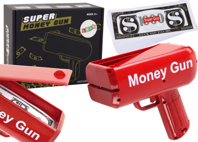 Pistolă care trage bani Money Gun – lansator roșu de bancnote pentru petrecere