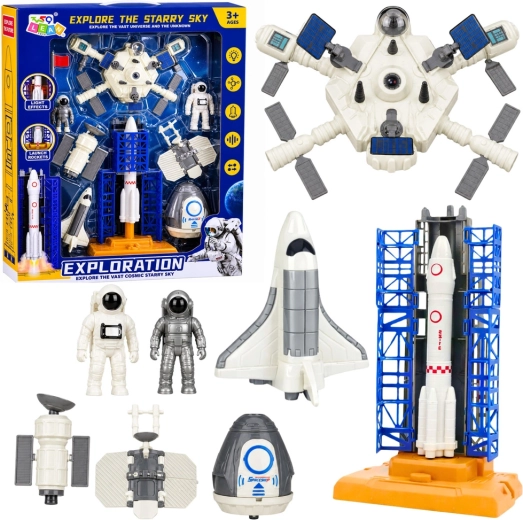 Set cosmic Exploration – rachetă, navetă spațială, stații, sateliți și astronauți cu lumini